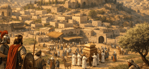 Ceremonial procession with priests carrying a golden ark in an ancient city with a fortress on a hill