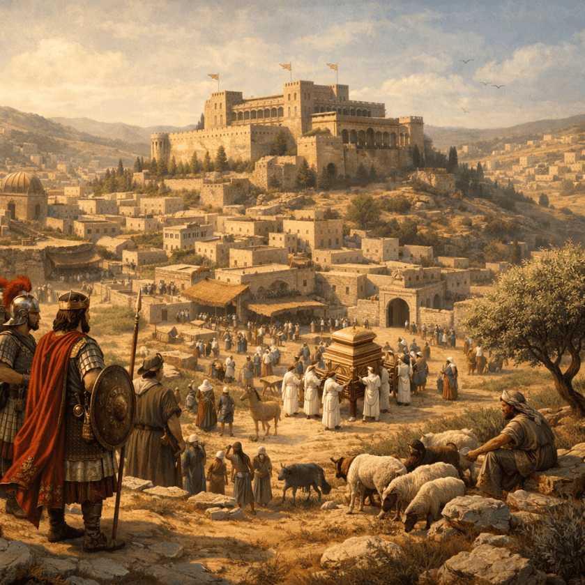 Ceremonial procession with priests carrying a golden ark in an ancient city with a fortress on a hill