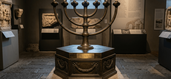 Bronze replica of the Menorah with seven branches on a decorated pedestal in a museum gallery