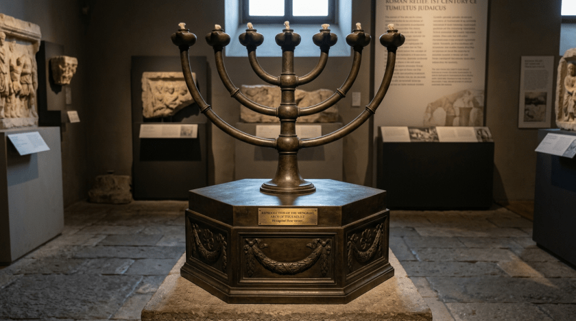 Bronze replica of the Menorah with seven branches on a decorated pedestal in a museum gallery