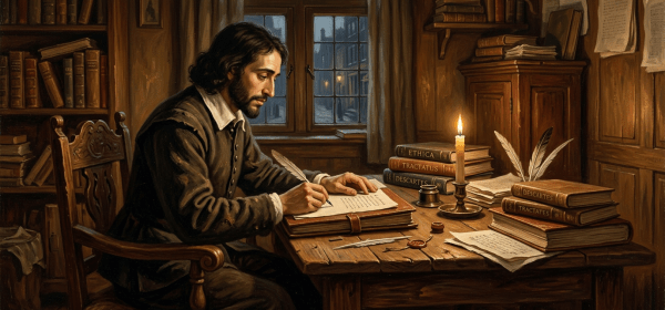 17th-century scholar writing with quill pen at wooden desk by candlelight