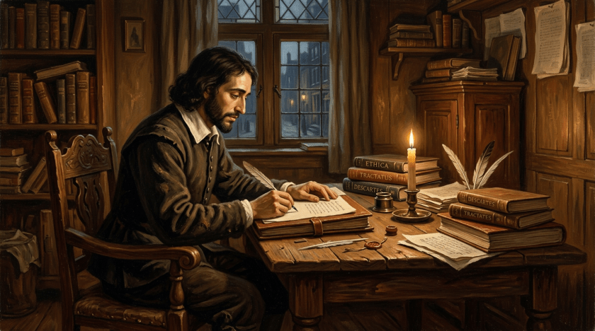 17th-century scholar writing with quill pen at wooden desk by candlelight