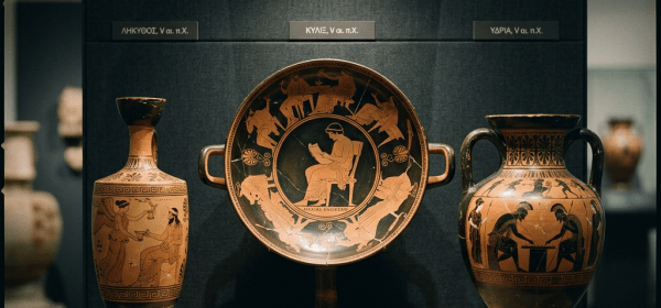 Three ancient Greek pottery vessels with intricate black-figure designs on display