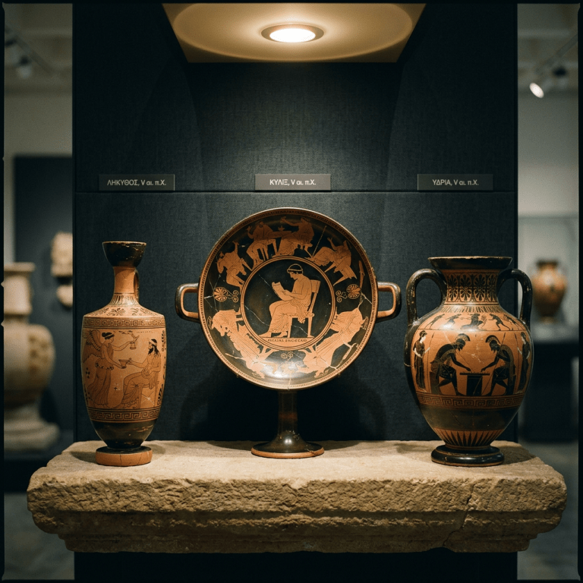 Three ancient Greek pottery vessels with intricate black-figure designs on display