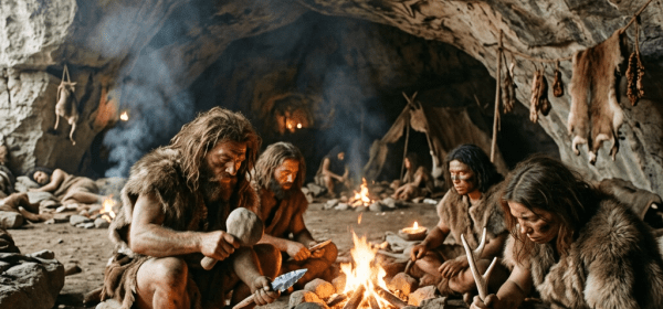 Early humans making stone tools around a fire inside a cave with wall paintings