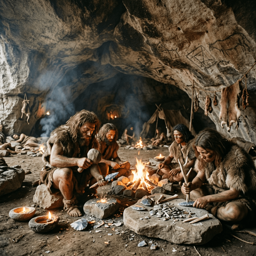 Early humans making stone tools around a fire inside a cave with wall paintings
