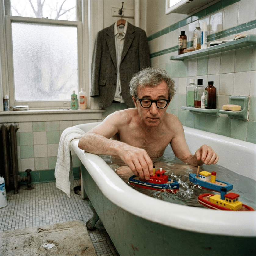 Man with glasses in a bathtub playing with three colorful toy boats in water
