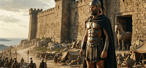 Warrior in ancient armor standing near a stone fortress and wooden Trojan horse