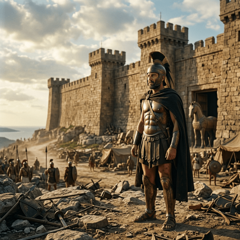Warrior in ancient armor standing near a stone fortress and wooden Trojan horse