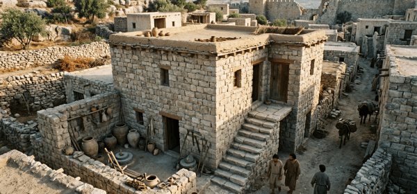 Courtyard and stone buildings in an ancient village with people and donkeys