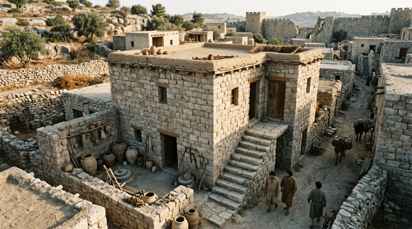 Courtyard and stone buildings in an ancient village with people and donkeys