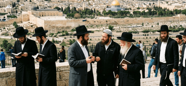 Orthodox Jewish men overlooking Jerusalem’s Old City and Dome of the Rock