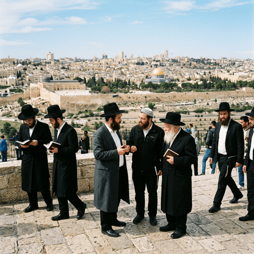 Orthodox Jewish men overlooking Jerusalem’s Old City and Dome of the Rock